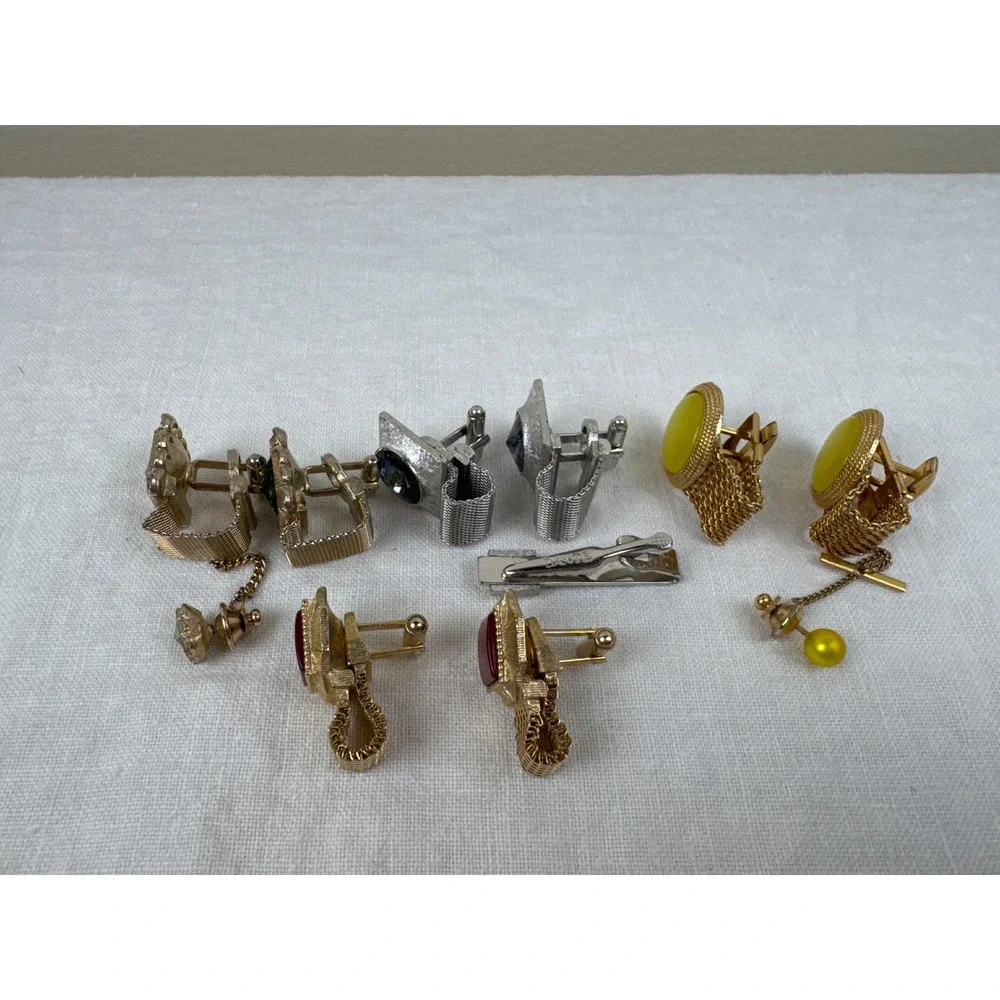 Vintage MCM Mens Cufflink Mesh Wrap Lot 6 w Tie Pins